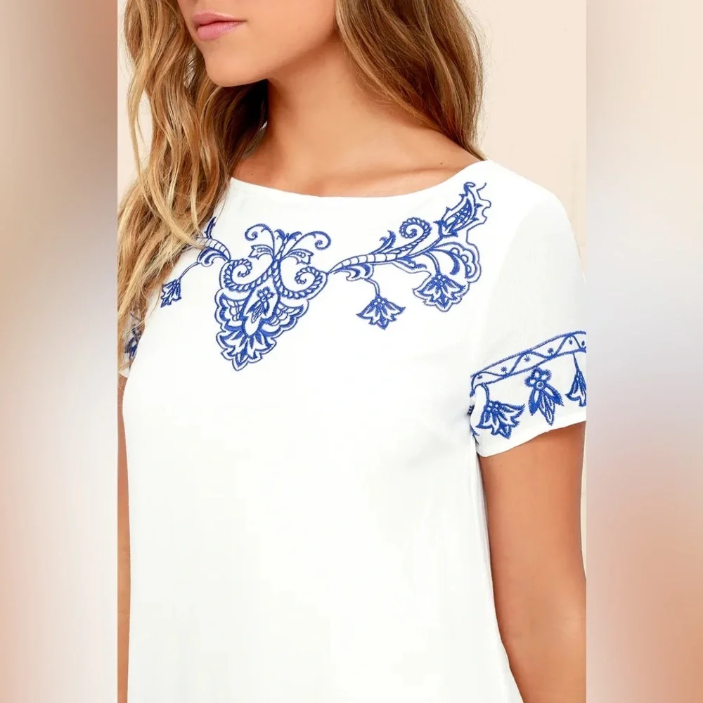 Lulus Tale to Tell Blue and Ivory Embroidered Shift Dress NWT - Picture 3 of 10